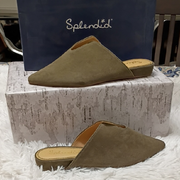 New Splendid Nieves Olive Suede Slip On Wedge Mules Size 8